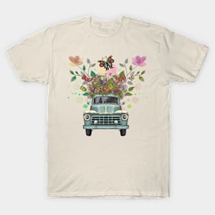 Vintage Truck Garden Flowers & Butterflies T-Shirt